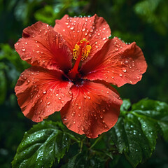 beautiful red hibiscus in soft focus background with copy space, natural concept, water drop, macro photography