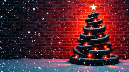 In a frame of various car rims Christmas tree made of tires with lights on the background of a red brick wall with snowflakes, copy space