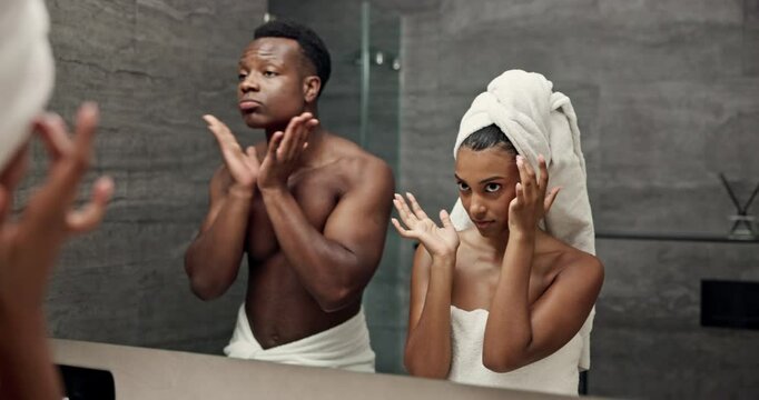 Dance, skincare and mirror with couple in bathroom for silly, morning routine and bonding. Happiness, shower and crazy with man and woman at home for grooming fun, honeymoon and playful together