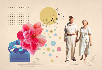Art collage or design - elderly woman and man listening to music from retro gramophone. Senior couple walking together on abstract background. Retired elderly people man and woman enjoy and fun