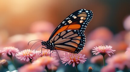 Obraz premium Monarch butterfly perched on pink flowers in soft sunlight.