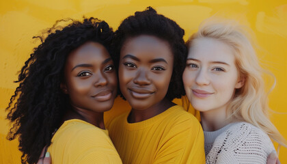 Obraz premium Beauty portrait multiethnic diverse young women with clean skin on yellow background