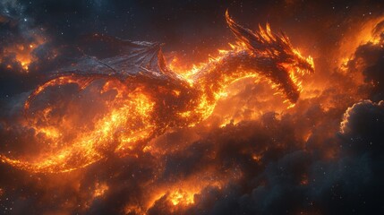 Naklejka premium A fiery dragon soaring through a cosmic landscape, embodying fantasy and imagination.