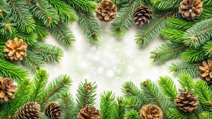 A Festive Frame of Lush Green Pine Branches Adorned with Natural Pine Cones, Set Against a Sparkling White Background