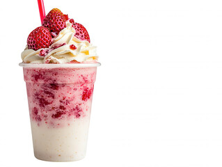 Delicious strawberry milkshake topped with whipped cream and fresh strawberries, perfect for summer refreshment or dessert indulgence in any setting.