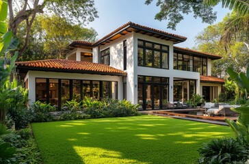 Fototapeta premium Modern house surrounded by lush greenery in a serene outdoor setting