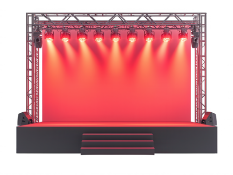 Modern Stage with Bright Lighting and Empty Background for Performances, Events, or Presentations in a Vibrant Red Theme