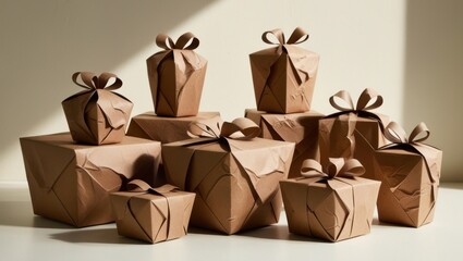 A collection of intricately cut-out gift boxes, each uniquely shaped and varying in size, wrapped in rugged, earthy brown construction paper with slight wrinkles and creases, showcasing a handmade qua