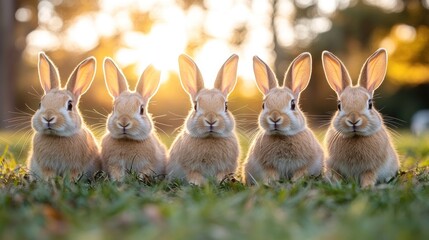 Five adorable bunnies sitting in a row at sunset.