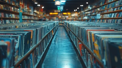 Fototapeta premium Record store aisle; vinyl albums line shelves.