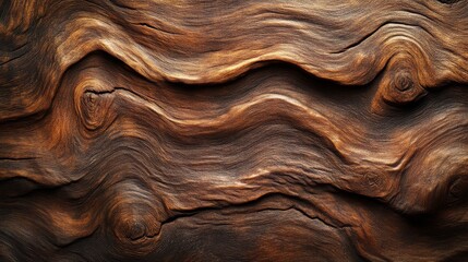 A close-up view of textured, wavy wooden surface showcasing rich brown tones and natural patterns.