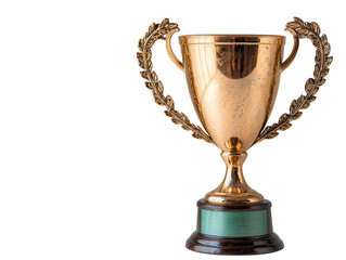 Fototapeta premium Golden Trophy with Laurel Wreath on Isolated Background for Achievement Recognition in Competitions and Sports Events, Symbolizing Success and Victory