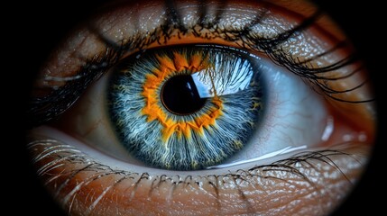 Close-up of a human eye with a unique, colorful iris.