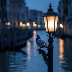 pigeon perched on a streetlight pole against the backdrop of Venice's serene canals, with the soft...