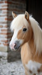 Obraz premium A close-up of a light-colored horse with a flowing mane, set against a rustic background.