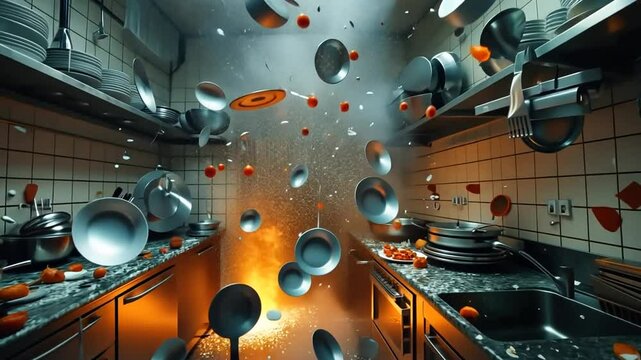 Chaos erupts in a bustling kitchen with flying dishes and ingredients during a busy lunch shift, poltergeist