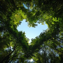 Fototapeta premium Love in Nature, Heart-Shaped Tree Canopy, big trees in the forest with dense green foliage under the blue sky left a hollow in the middle shapes like a bat. 