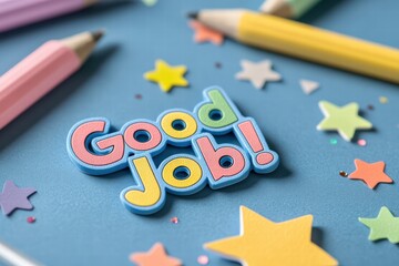 Colorful Good Job Badge with Pencils and Stars on Blue Background