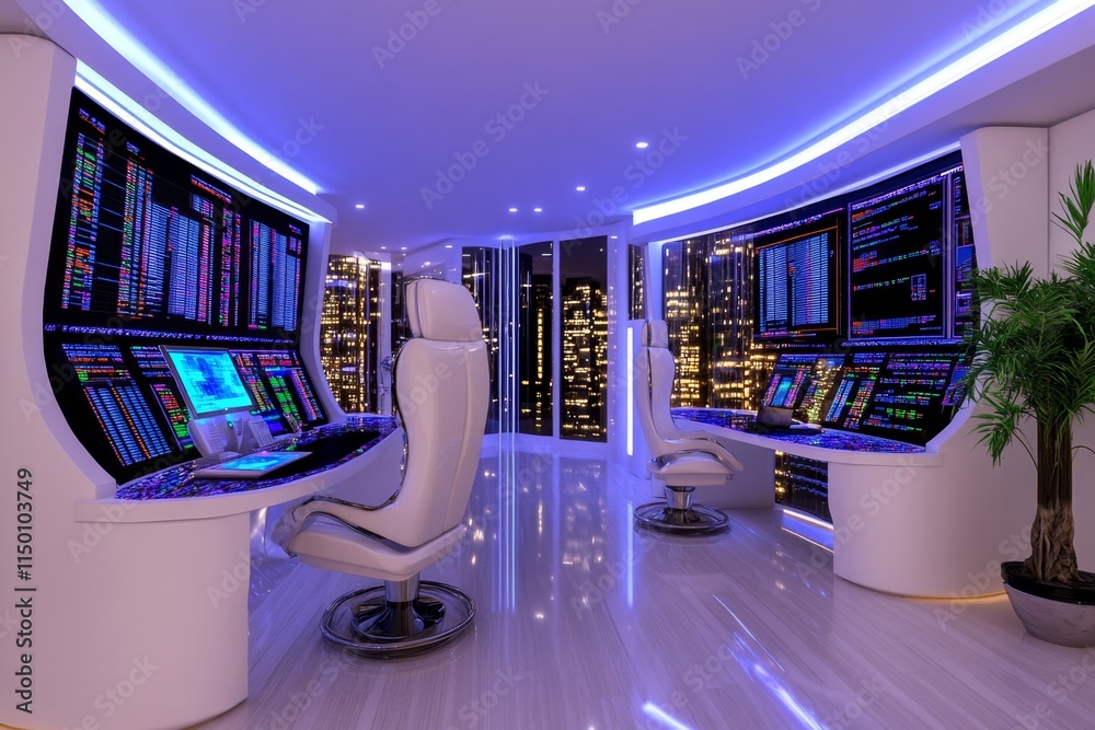 Poster a 3d-rendered image of an ultra-modern trading room with holographic currency charts and futuristic 