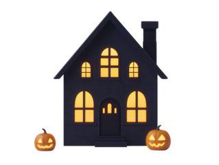 Spooky Halloween House with Glowing Windows and Jack-o'-Lanterns Perfect for Halloween Celebrations, Parties, and Trick-or-Treat Events, Inviting and Eerie Atmosphere