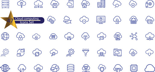 Set of line icons related to cloud computing, cloud services