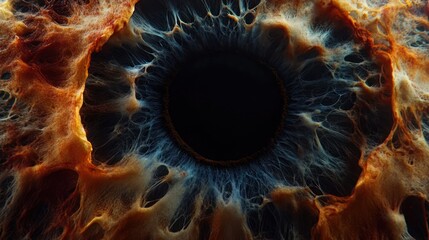 Close-up of a stylized human eye with fiery, textured sclera.