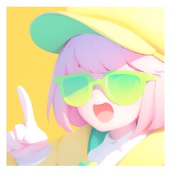 Cheerful Character with Pink Hair and Green Sunglasses in Yellow Scene