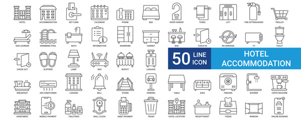 Hotel accommodation icon collection set with key card, calendar, Bed, Bath, Toilet