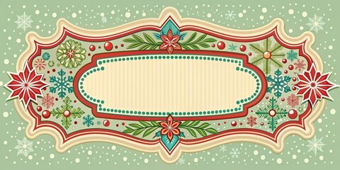 Vintage Holiday Frame with Red and Green Floral Details and Snowflakes on a Mint Background