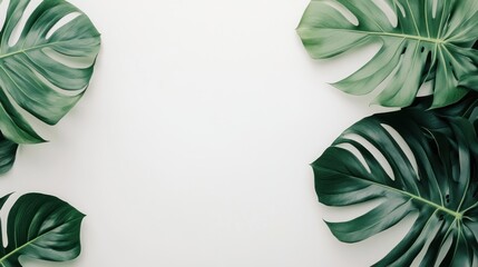 Fototapeta premium Lush green monstera leaves frame on white background.
