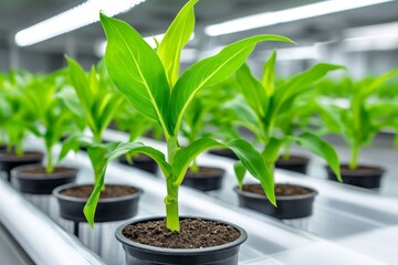 A GMO research facility with rows of genetically modified corn plants growing in glass tubes, each with a unique identifier tag - obrazy, fototapety, plakaty