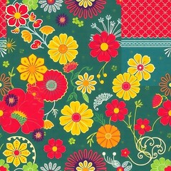 Vibrant Floral Patchwork: A captivating seamless pattern of colorful flowers in red, yellow, and orange hues, set against a teal background. Perfect for textile design, fashion, and home decor. 