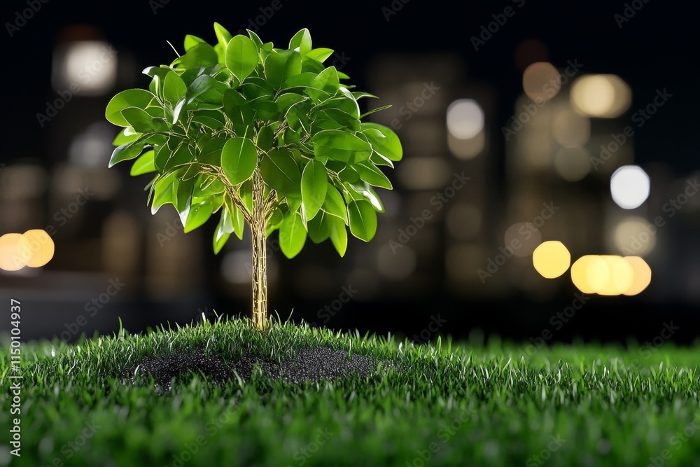 Poster a bioengineered tree with glowing leaves in a futuristic urban setting, symbolizing advances in biot