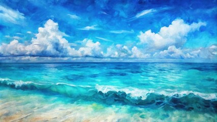 Fototapeta premium A Soft, Gentle Wave Breaking on a Turquoise Sea Under a Sky Filled with Fluffy White Clouds