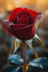 Dew-kissed red rose at sunrise.