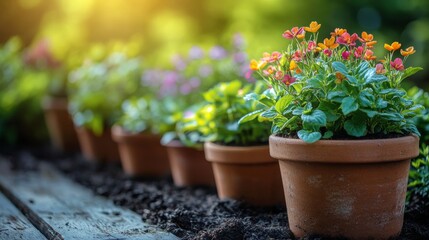 Colorful flower pots arranged in a vibrant garden during golden hour