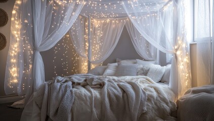 A cozy bedroom with a white canopy bed surrounded by twinkling fairy lights and layered