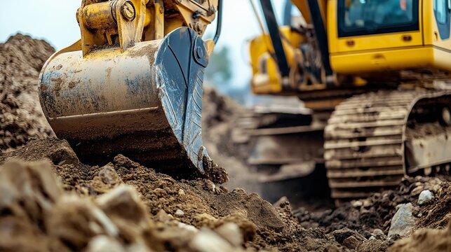 Focused on the robust bucket of an excavator, soil is being expertly moved at a construction site, showcasing the power and efficiency of heavy machinery in action under clear skies