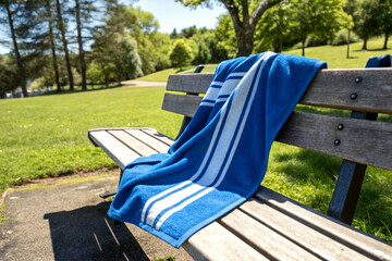 Sports towel draped over a park bench