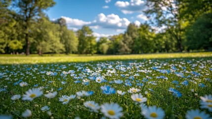 Fototapeta premium Vibrant wildflowers bloom in a lush green park under a blue sky with fluffy clouds