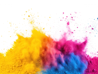 Vibrant and Colorful Powder Explosion Against a Black Background, Showcasing Festive Splashes of Yellow, Pink, and Blue Dust Creating a Dynamic and Energetic Scene