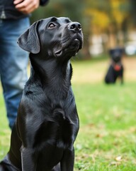 A black dog sits attentively in a grassy area, with another dog in the background.