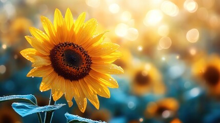 Obraz premium Dew-kissed sunflower, vibrant yellow, sunlit field.