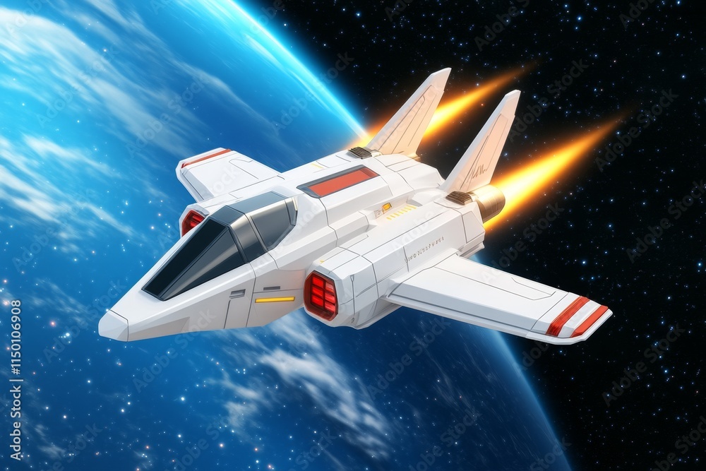 Poster A clean flat design of a futuristic spacecraft hovering over a planetary surface, rendered in soft gradients