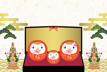 2025年　巳年　年賀状　赤い巳だるまの家族と金屏風【文字なし】