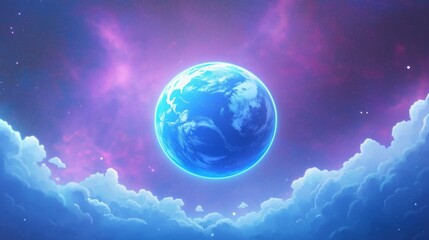 Colorful depiction of Earth surrounded by clouds and a cosmic background at twilight.