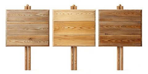 Three Rustic Wooden Signs with Blank Panels on Posts for Display or Message