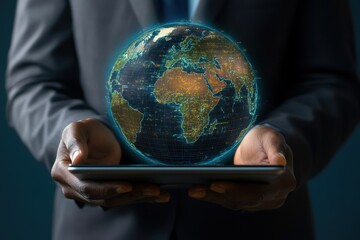 Man holding tablet displaying digital globe.