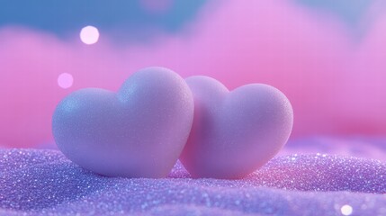 Fototapeta premium Romantic Pink Hearts on Sparkling Surface with Soft Background