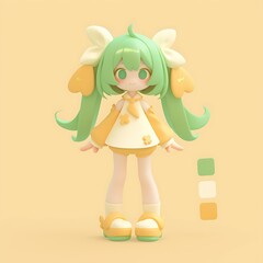 Cute pastel character design with green hair and cheerful outfit
